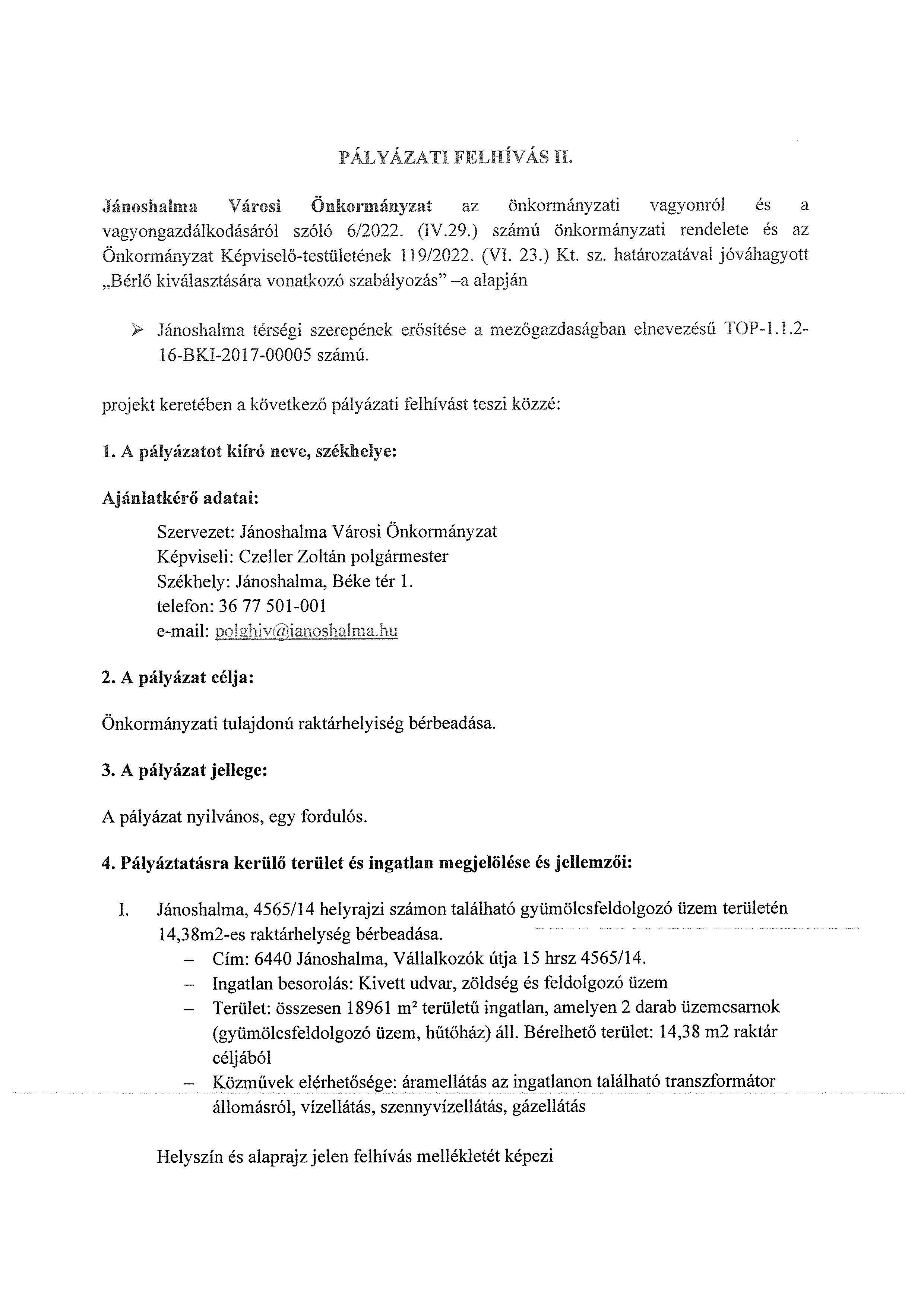 Pályázati felhívás II. - Raktár bérbeadása